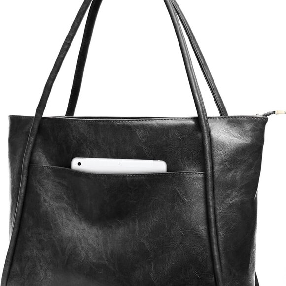 Large Vegan Leather Tote Bag Women Work Travel Zipper Pockets 16L - Picture 1 of 6